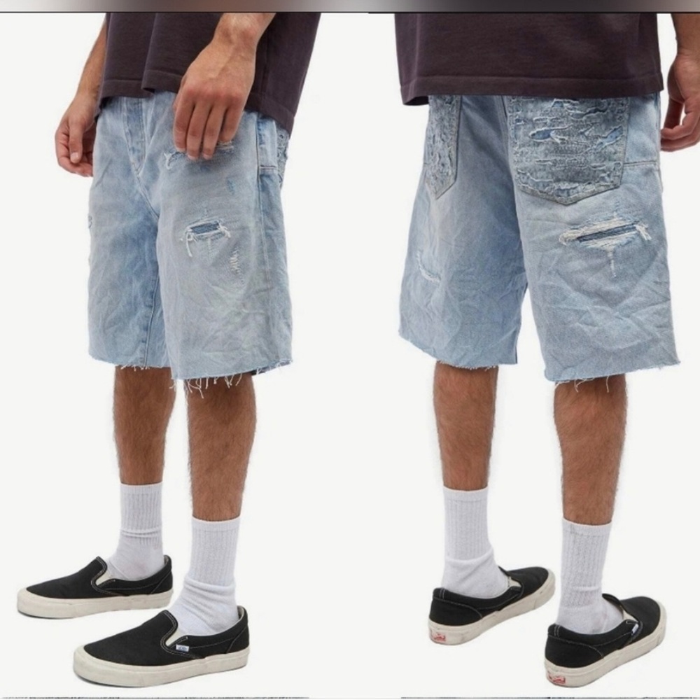 $295 Purple Brand Men's Worn Quilted
Destroy Pocket Jeans in Denim